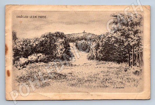 Pohlednice Ondřejov lesní partie kresba (P2734)