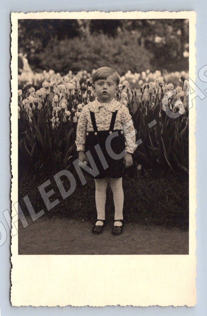Pohlednice Chlapec v zahradě s květinami (P2797)