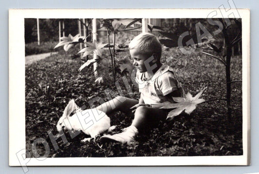 Stará fotografie dítě s králíkem venku (P2830)