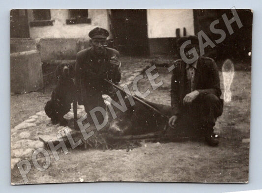 Stará fotografie lovci se psem a uloveným zvířetem (P2961)