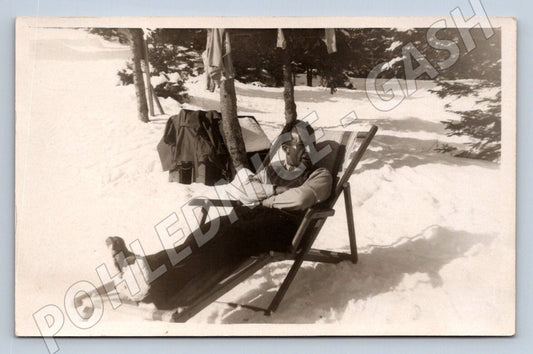 Pohlednice Slovensko Hrebienok muž na sněhu 1933 (P2972)