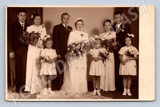 Stará fotografie svatební pár s hosty (P2986)