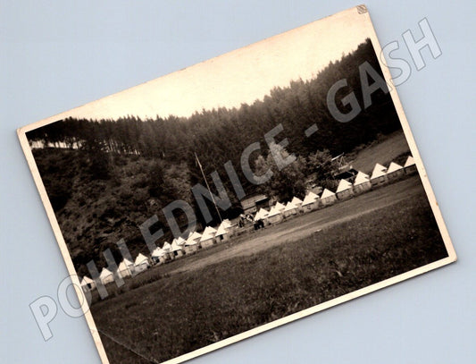 Stará fotografie tábor s řadou stanů v lese (P3215)