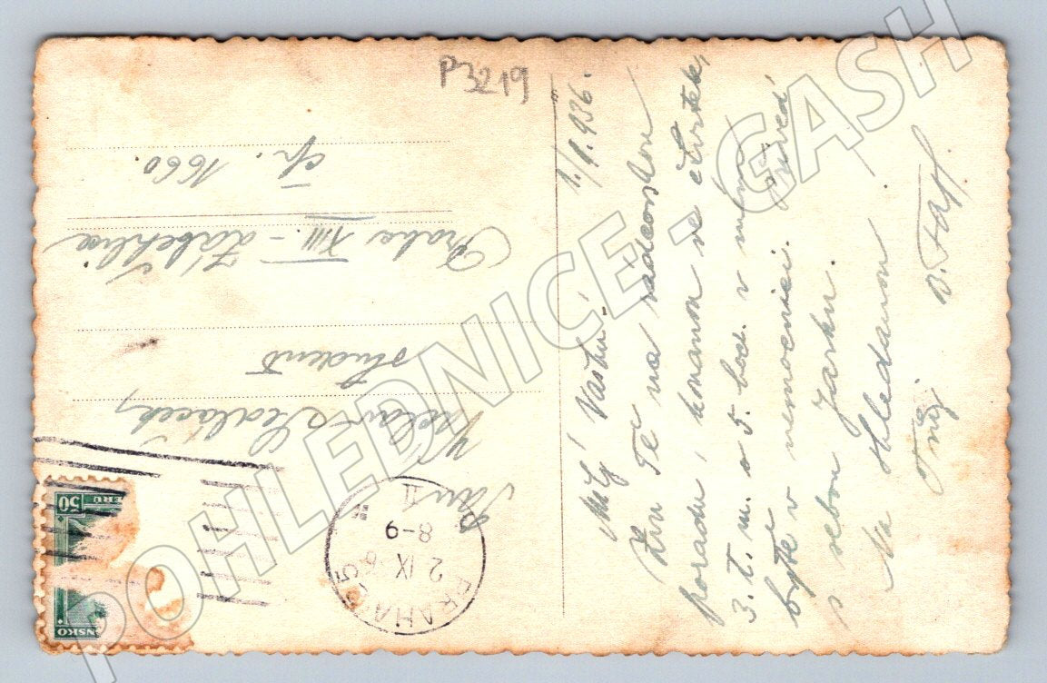 Pohlednice Praha chlapci v listí 1936 (P3219)