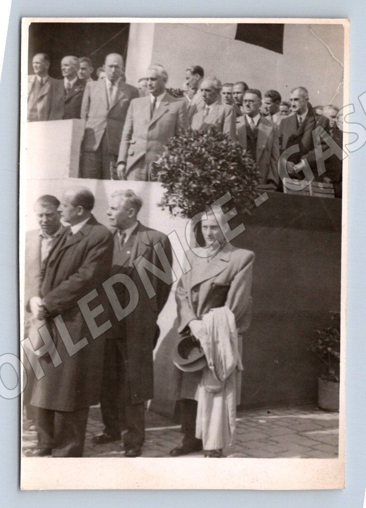 Stará fotografie skupina mužů v oblecích venku (P3275)