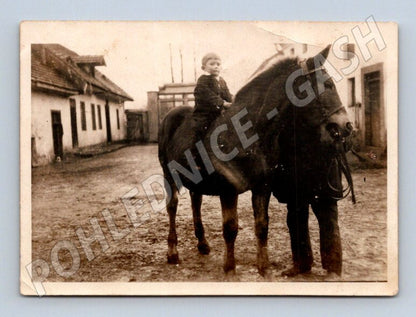 Stará fotografie chlapec na koni u stavení (P3428)