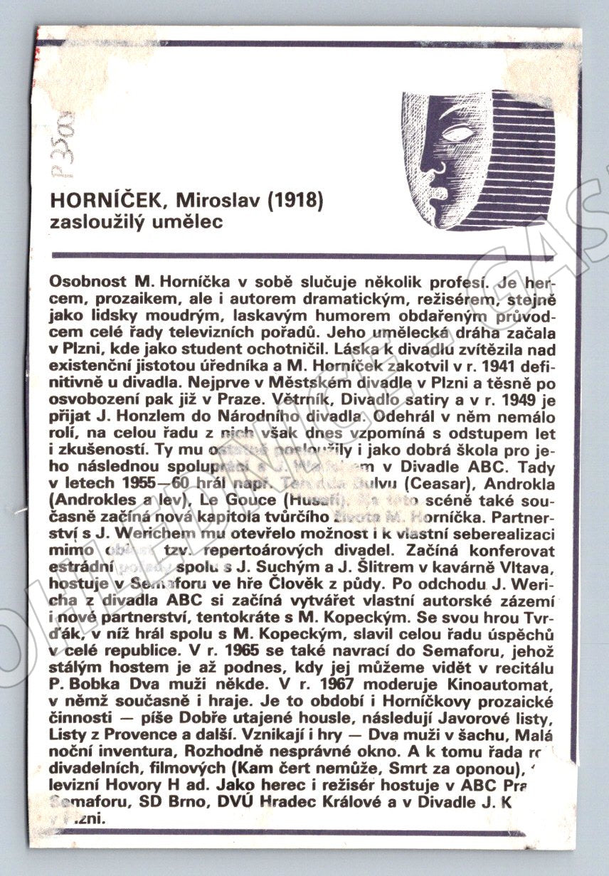 Pohlednice Miroslav Horníček portrét (P3500)