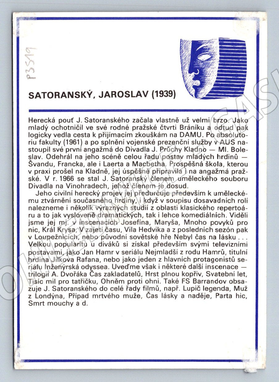 Pohlednice Jaroslav Satoranský herec (P3519)