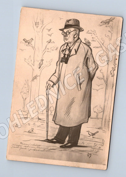Pohlednice Karikatura muže s dalekohledem a ptáky 1940 (P3554)