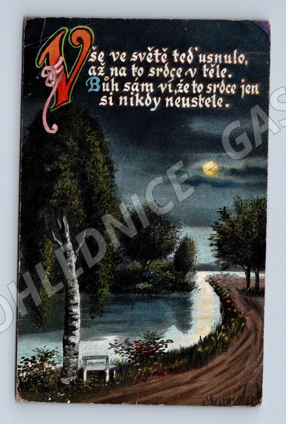 Pohlednice noční krajina s básní 1913 (P3560)