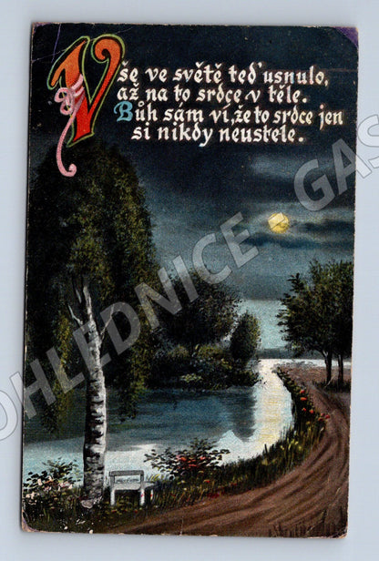 Pohlednice noční krajina s básní 1913 (P3560)