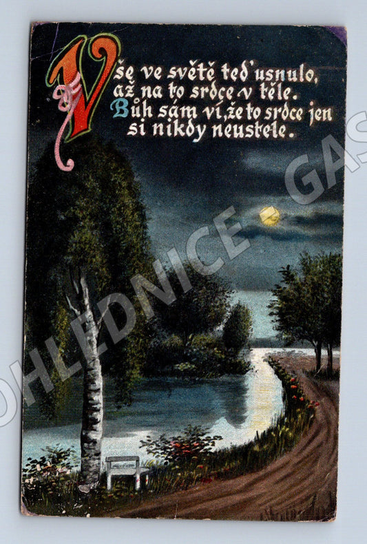 Pohlednice noční krajina s básní 1913 (P3560)