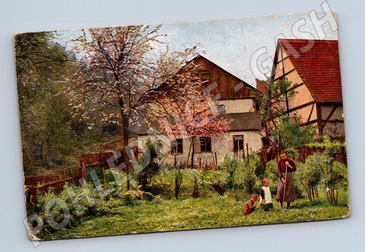 Pohlednice venkovská scéna žena děti 192X (P3575)