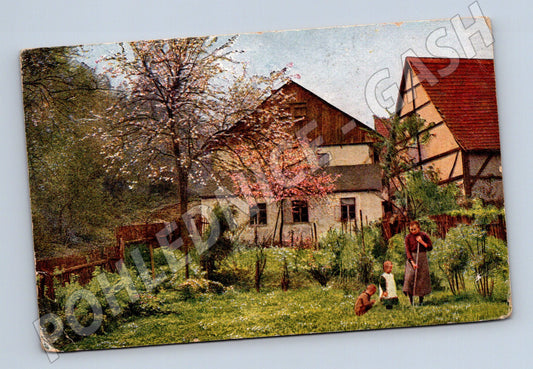 Pohlednice venkovská scéna žena děti 192X (P3575)