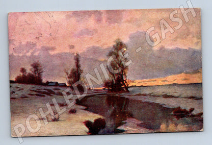 Pohlednice Kadaň zimní krajina řeka 1930s (P3591)