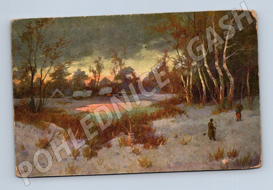 Pohlednice zimní krajina malba Jankal (P3592)