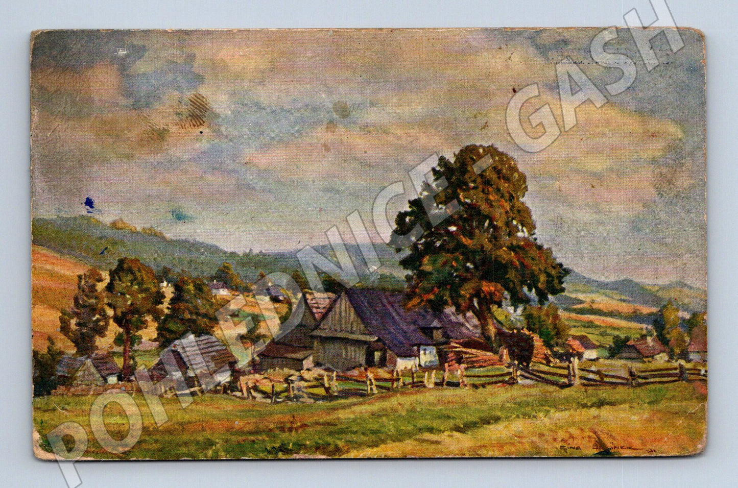 Pohlednice krajina s chalupami malba C. Jelínek (P3593)