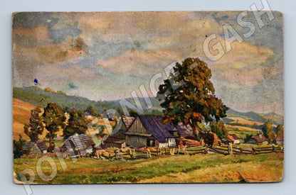 Pohlednice krajina s chalupami malba C. Jelínek (P3593)
