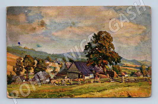 Pohlednice krajina s chalupami malba C. Jelínek (P3593)