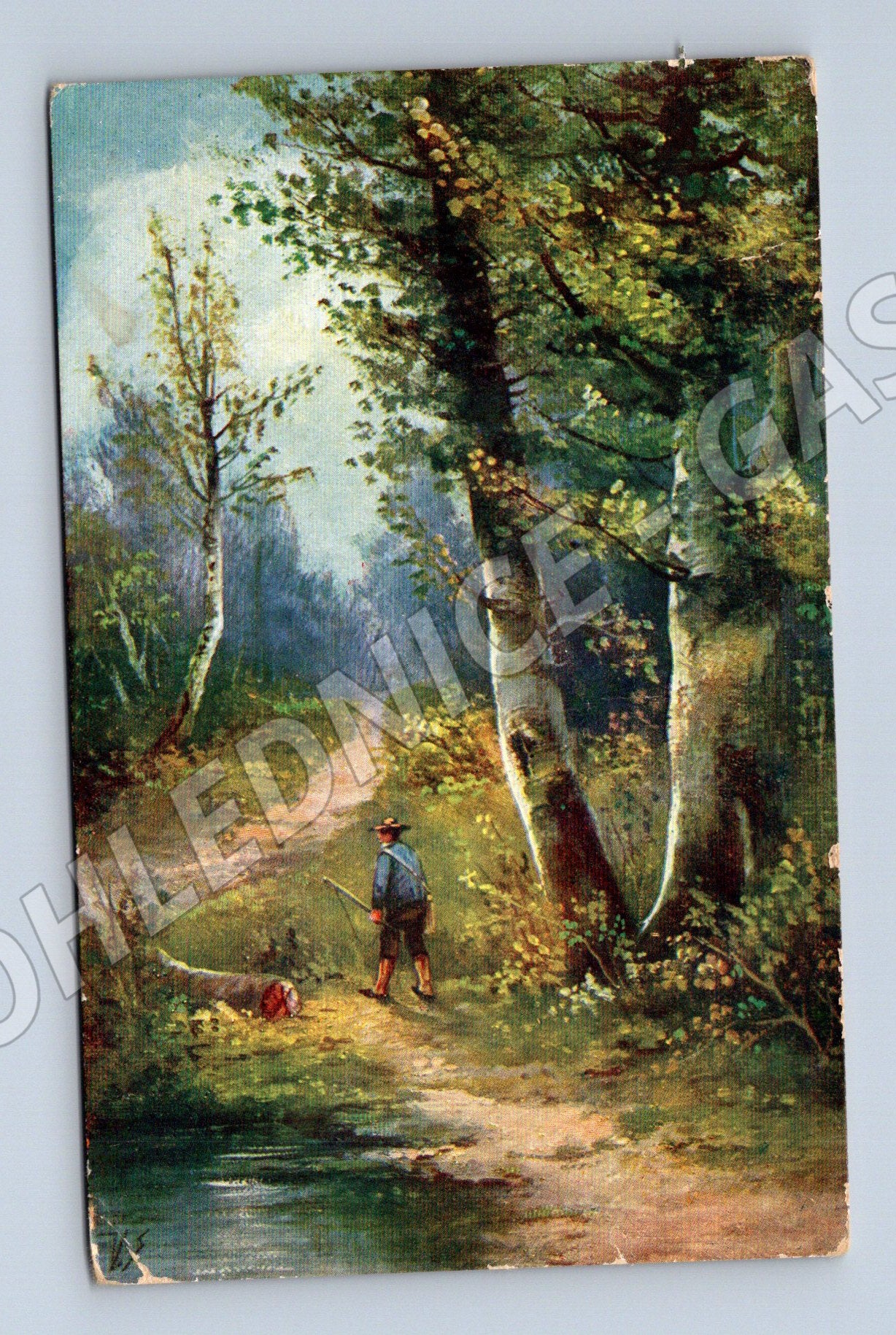 Pohlednice malba krajina rybář u potoka (P3623)