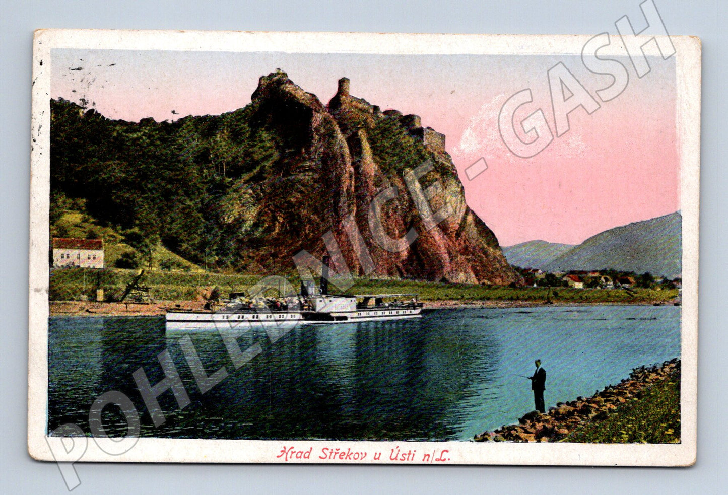 Pohlednice Ústí n/L. Střekov hrad a parník 1926 (P3658)