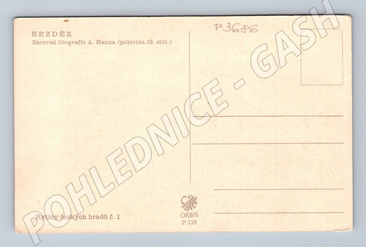 Pohlednice Bezděz hrad A. Hauna litografie 19. stol. (P3686)
