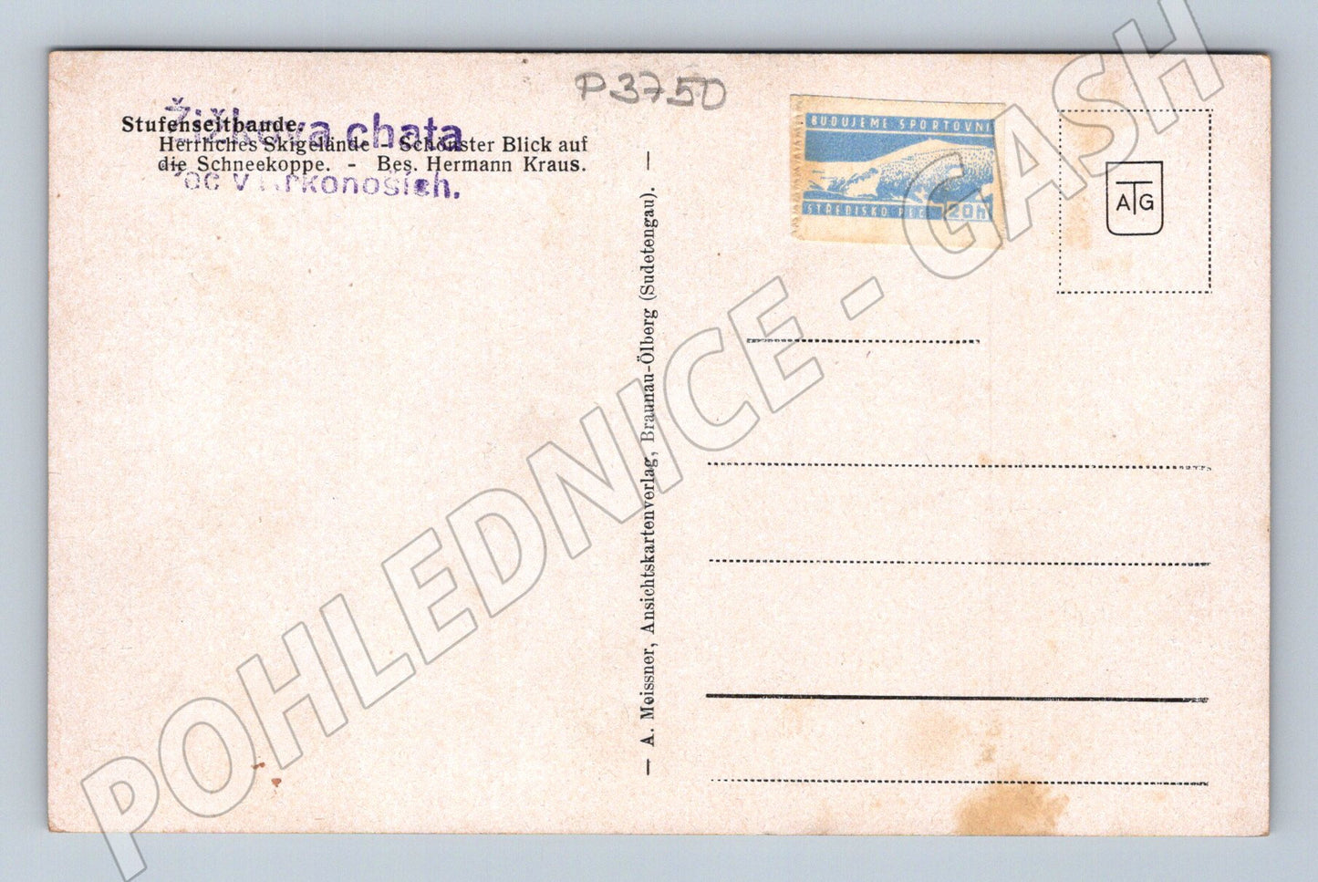 Pohlednice Krkonoše Stufenbaude chata a lyžaři (P3750)