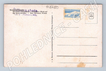Pohlednice Krkonoše Stufenbaude chata a lyžaři (P3750)