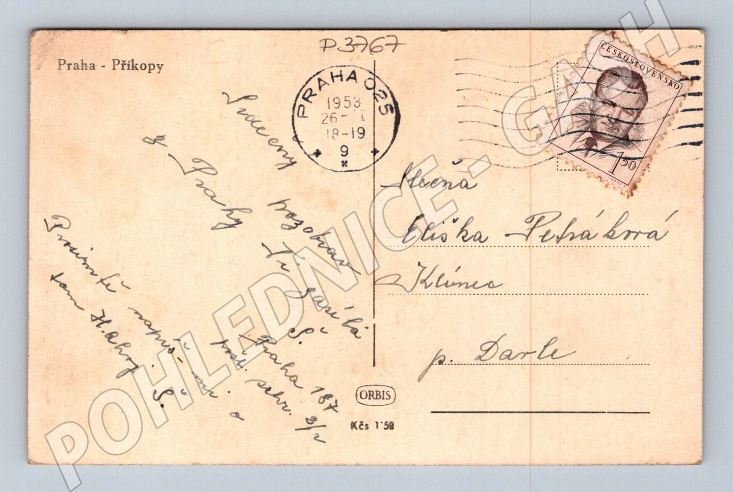 Pohlednice Praha Příkopy tramvaj 1953 (P3767)