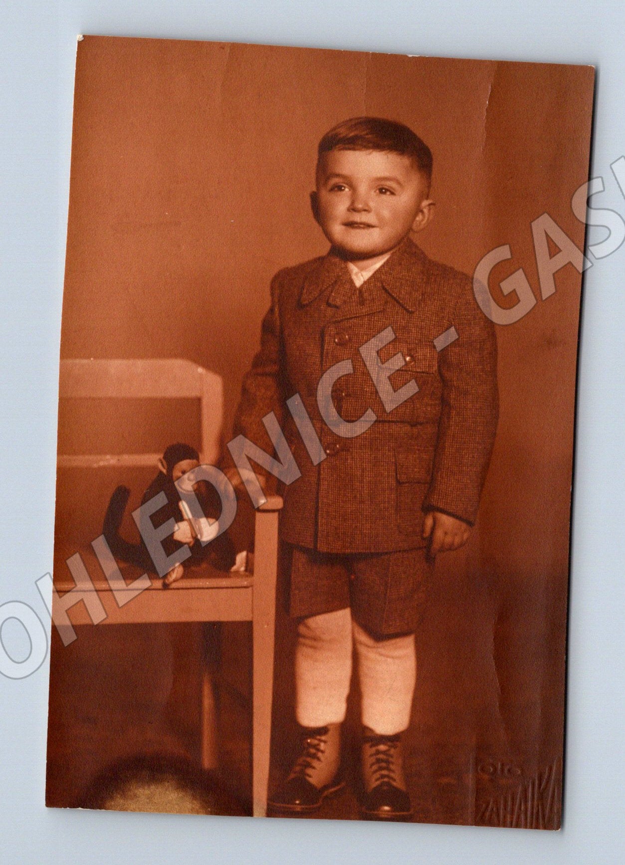 Stará fotografie chlapec s hračkou opice (P3786)