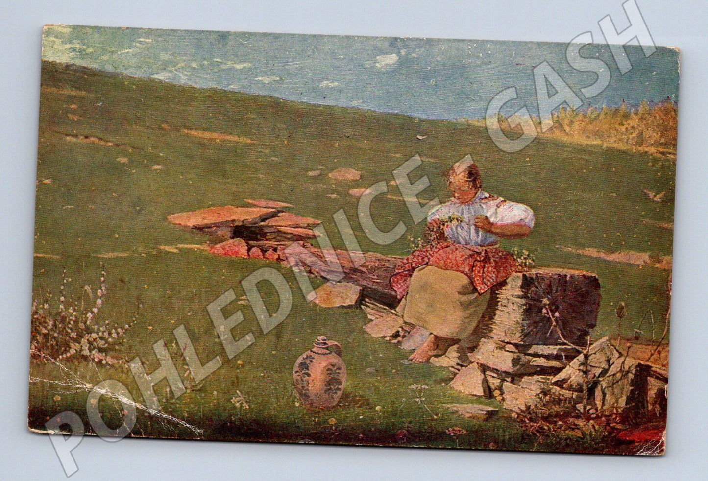 Pohlednice žena sbírající květiny (P3861)
