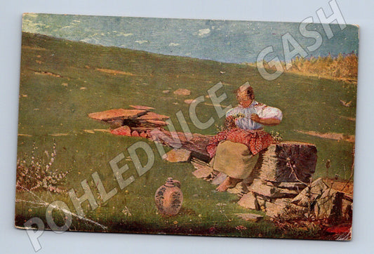 Pohlednice žena sbírající květiny (P3861)