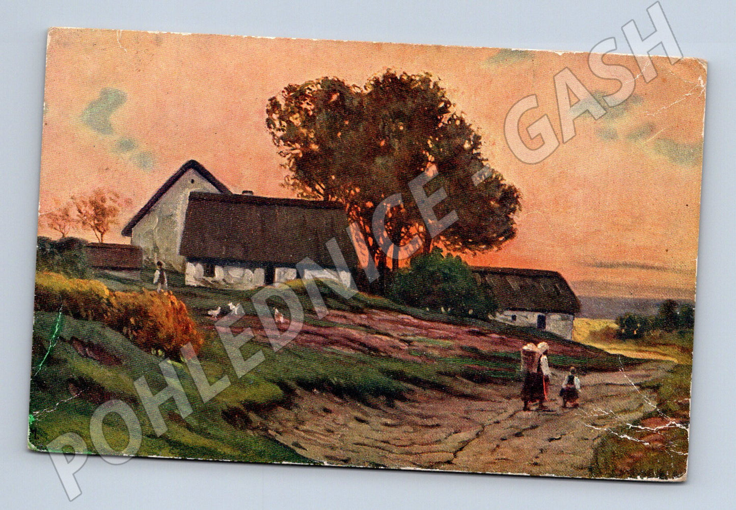 Pohlednice venkovská krajina s chalupami cca 1940 (P3863)
