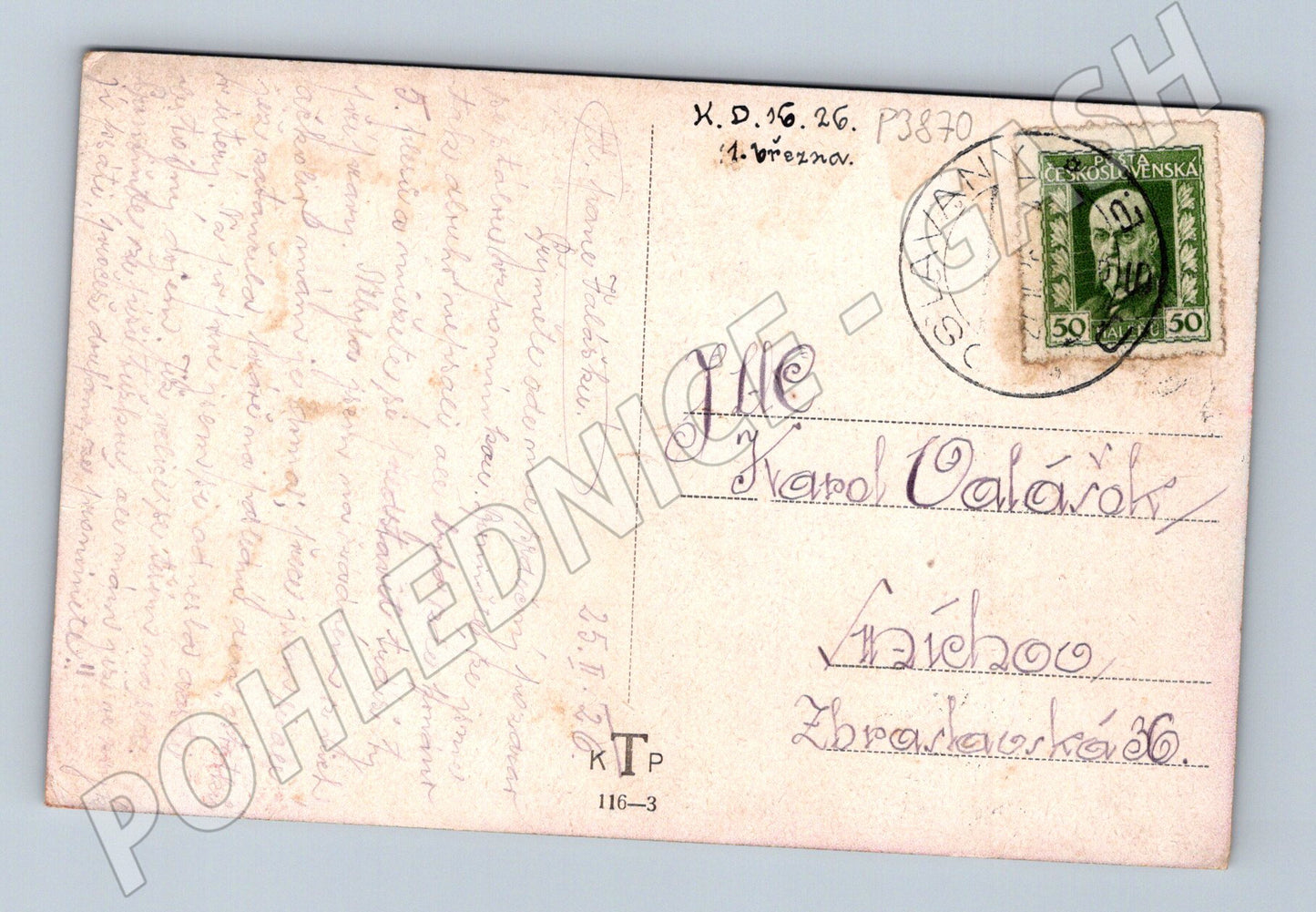 Pohlednice zimní krajina s domky a rybníkem 1926 (P3870)