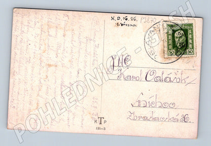 Pohlednice zimní krajina s domky a rybníkem 1926 (P3870)