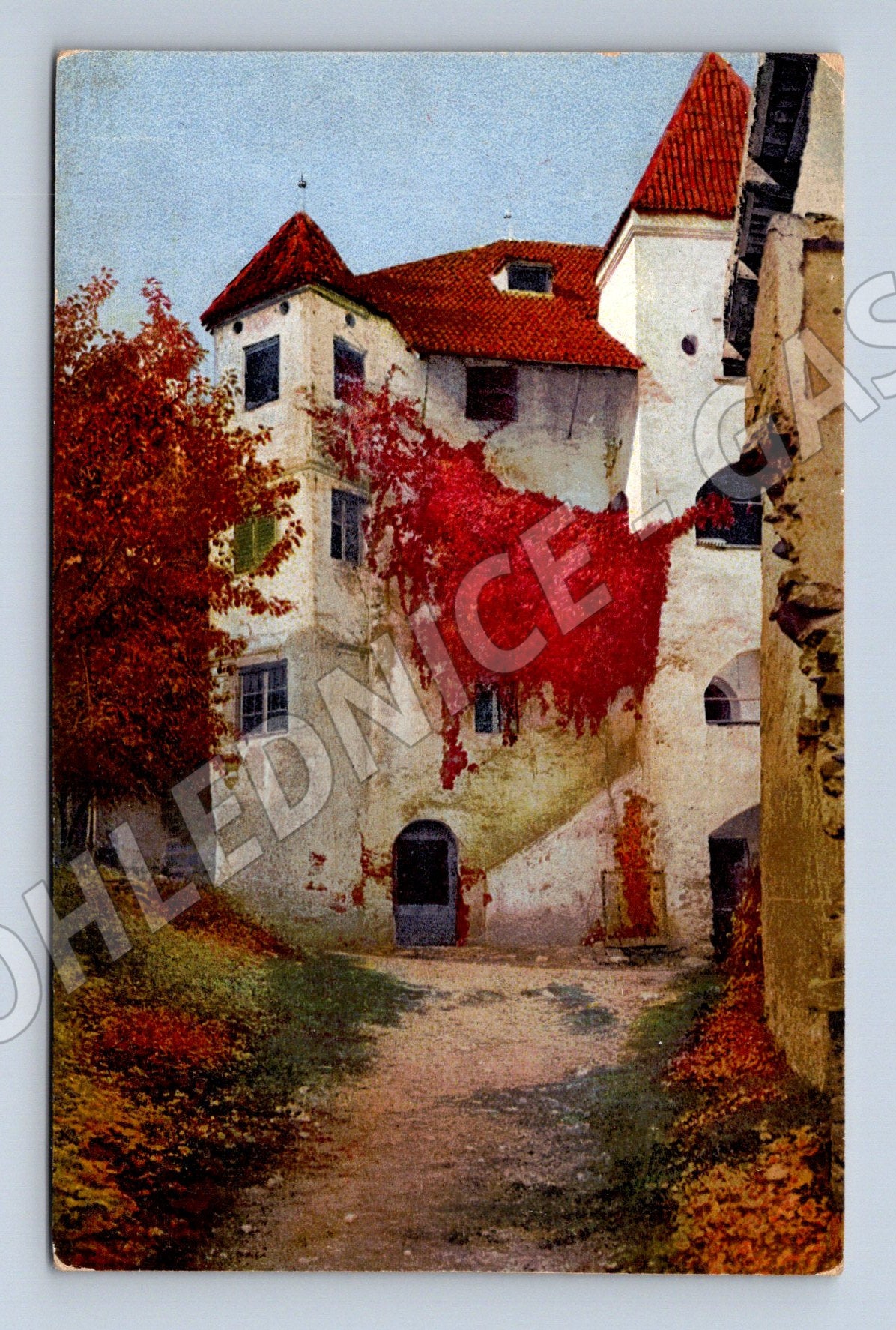 Pohlednice Vimperk hrad/zamek s červeným psím vínem 1927 (P3893)