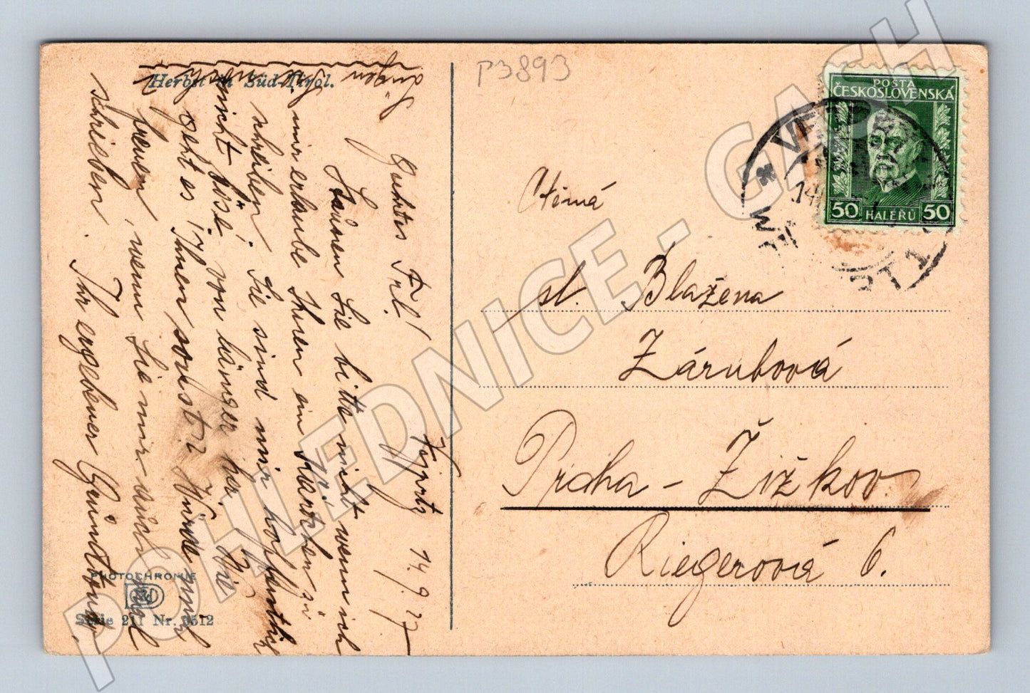 Pohlednice Vimperk hrad/zamek s červeným psím vínem 1927 (P3893)