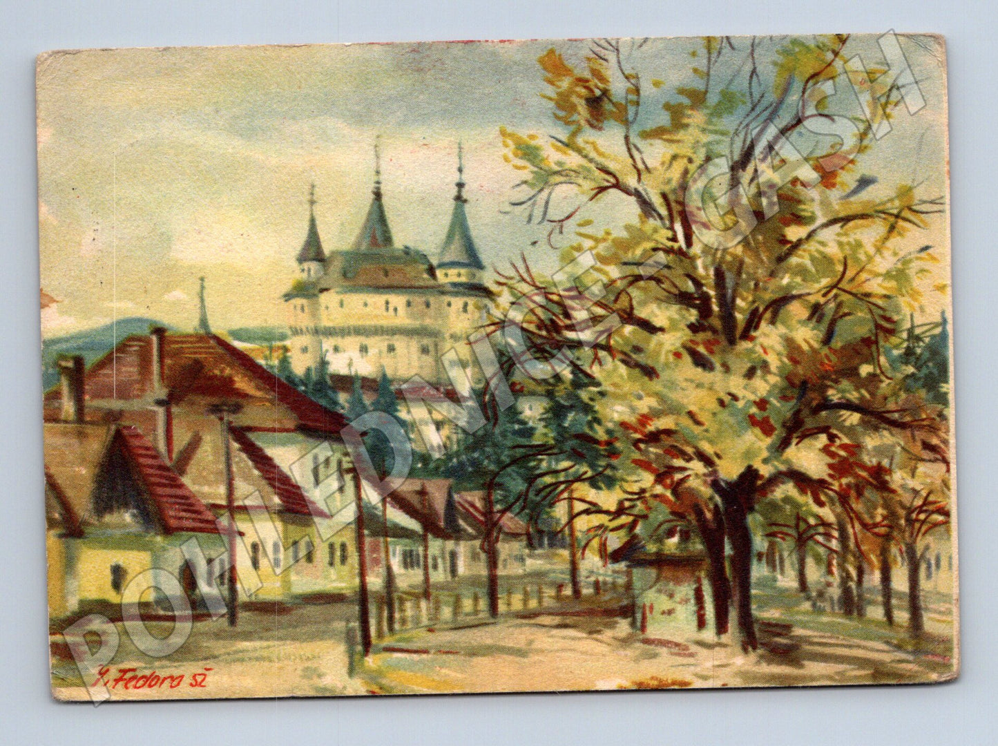Pohlednice Slovensko Bojnice zámek a podzimní strom (P3906)