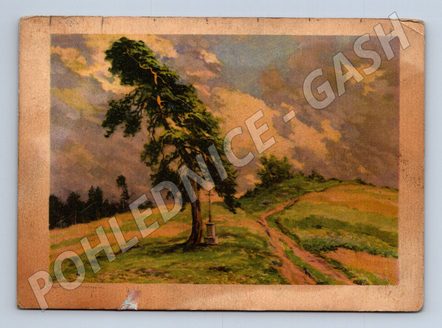 Pohlednice malba krajina kříž strom (P3919)