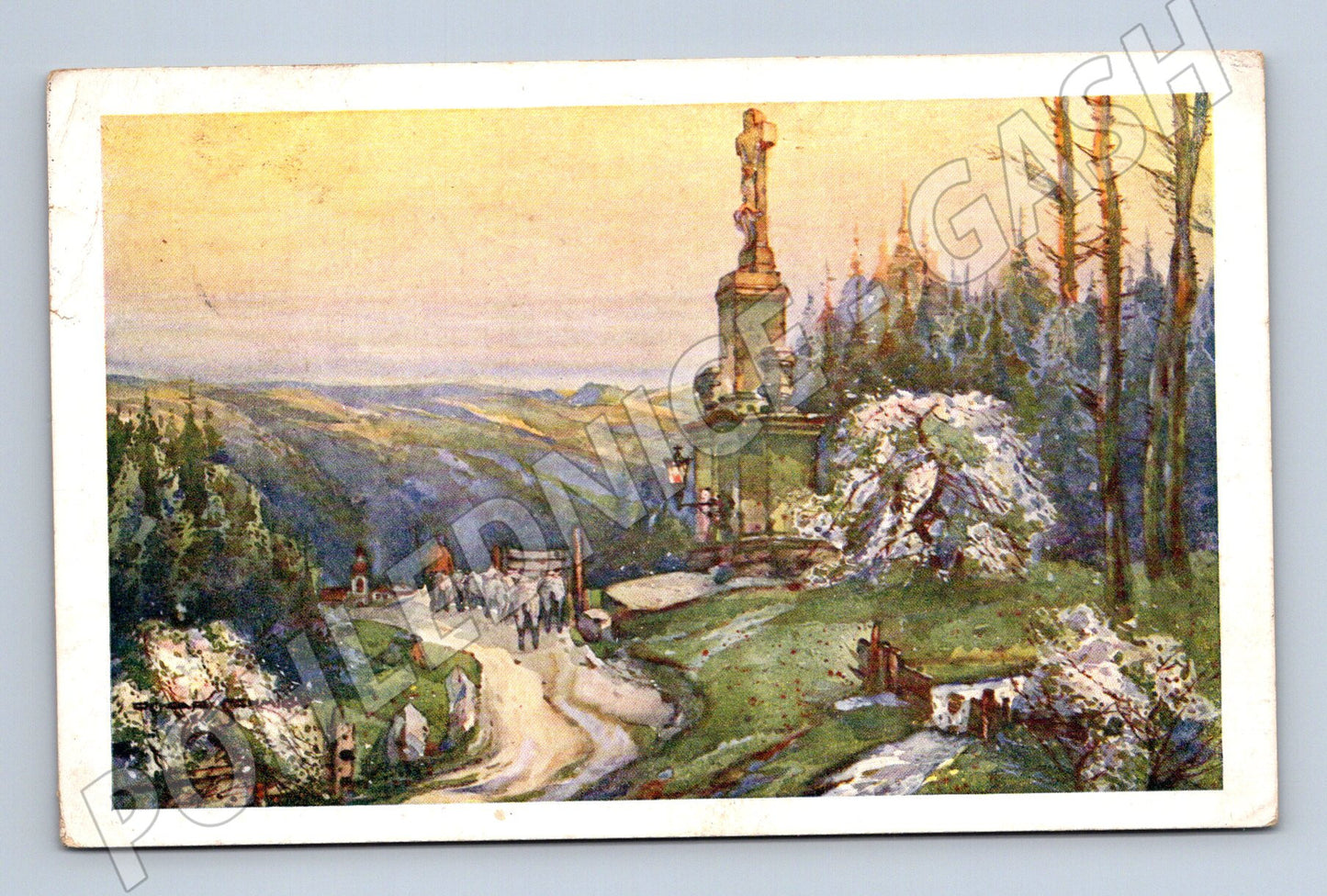 Pohlednice Raškovice oblast horská krajina se sloupem 1907 (P3930)
