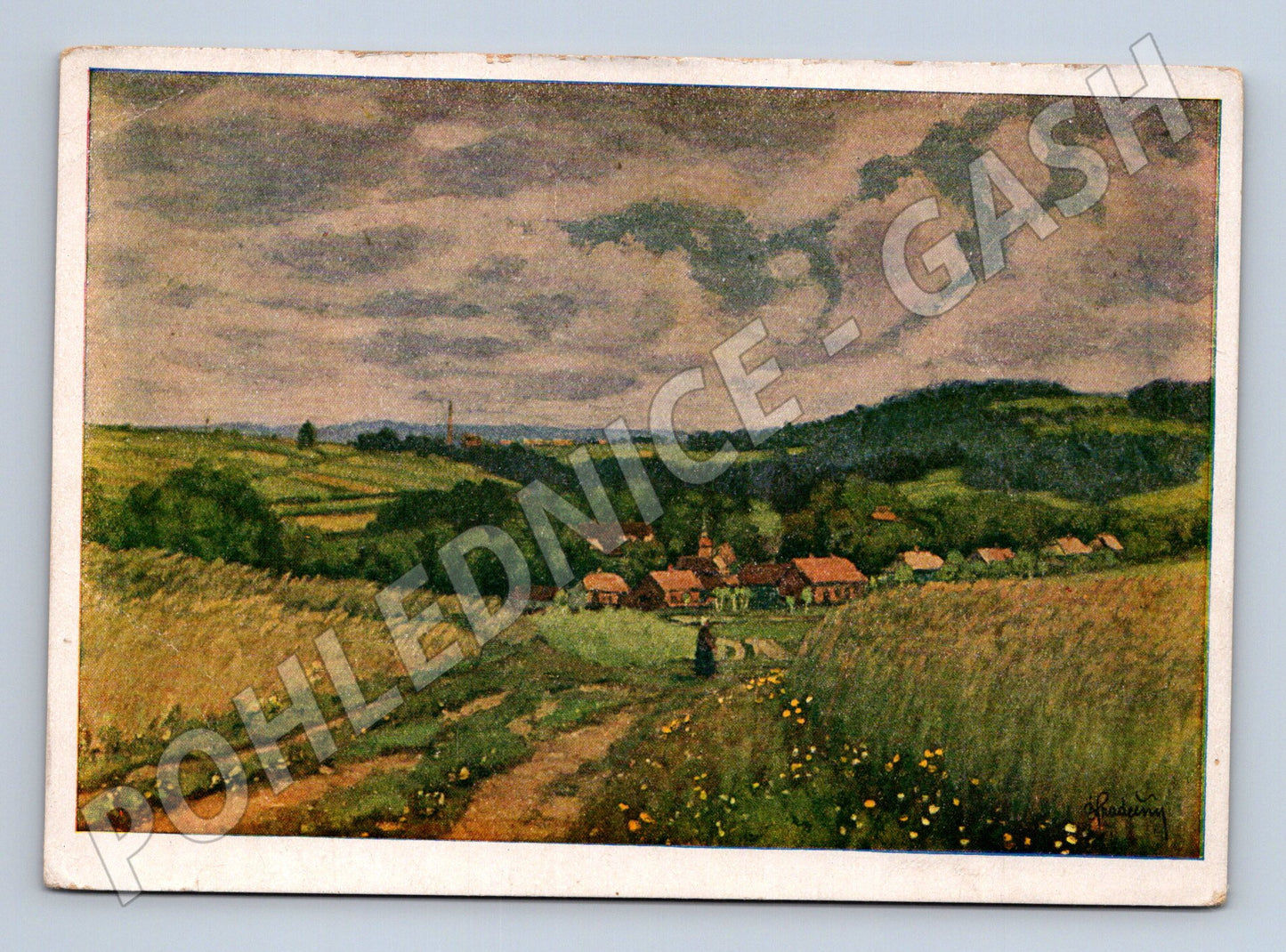 Pohlednice Česká krajina s vesnicí dle B. Hradečného (P3933)