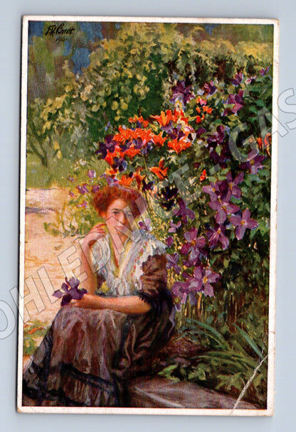 Pohlednice žena v zahradě s květinami 1910 (P3962)