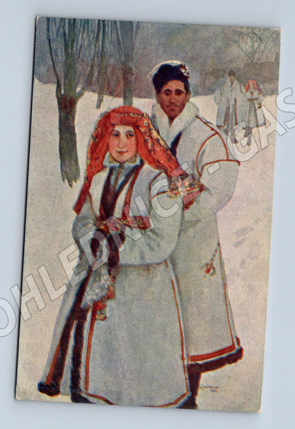 Pohlednice Vánoční ženy v zimním oblečení 1920 (P3973)
