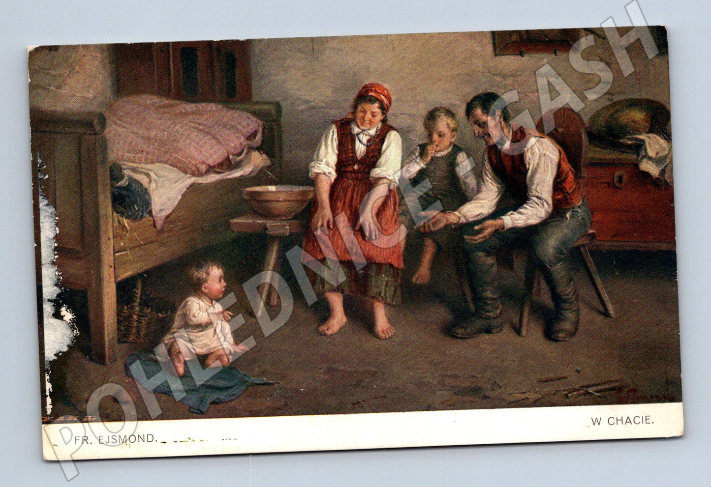 Pohlednice malba rodinná scéna chata (P3974)
