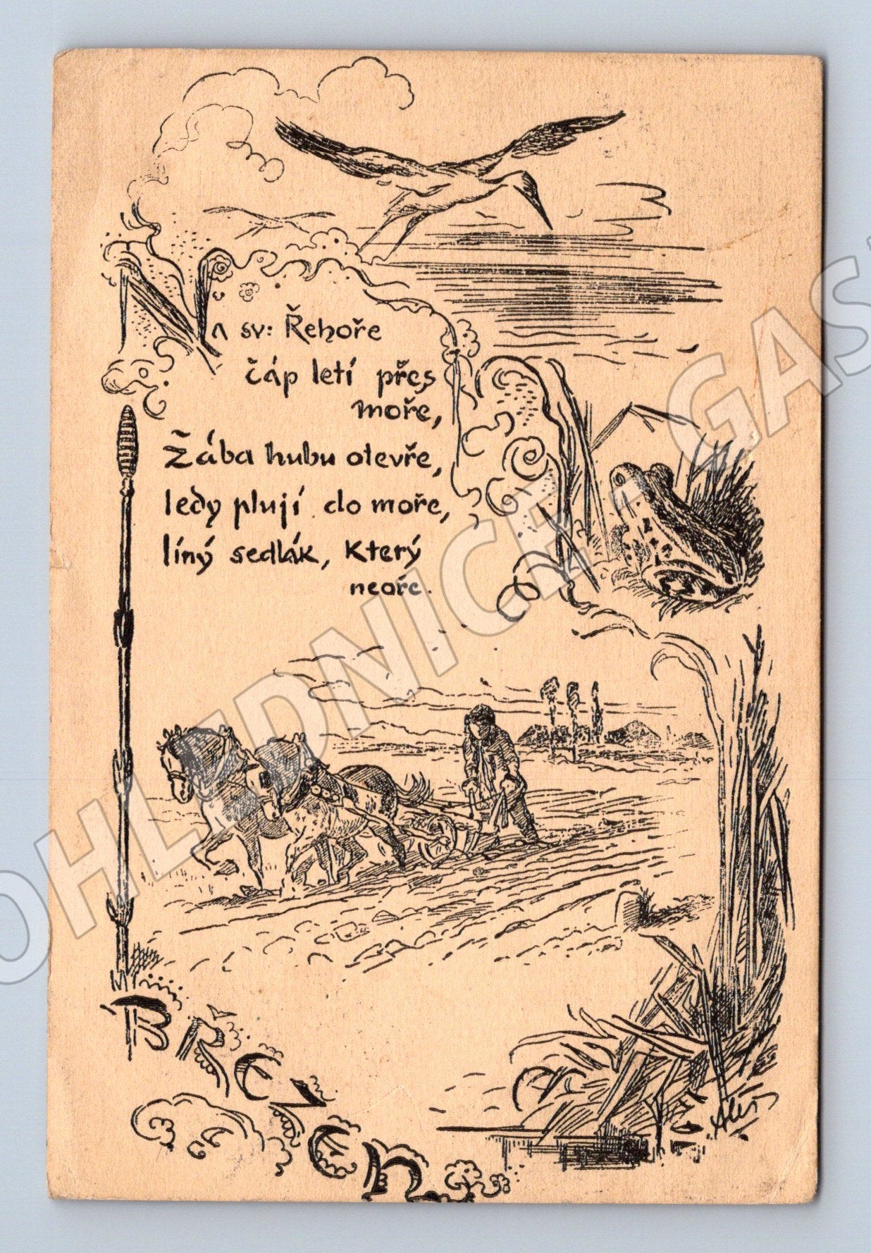Pohlednice ilustrace báseň Žába čáp kůň 1932 (P3976)
