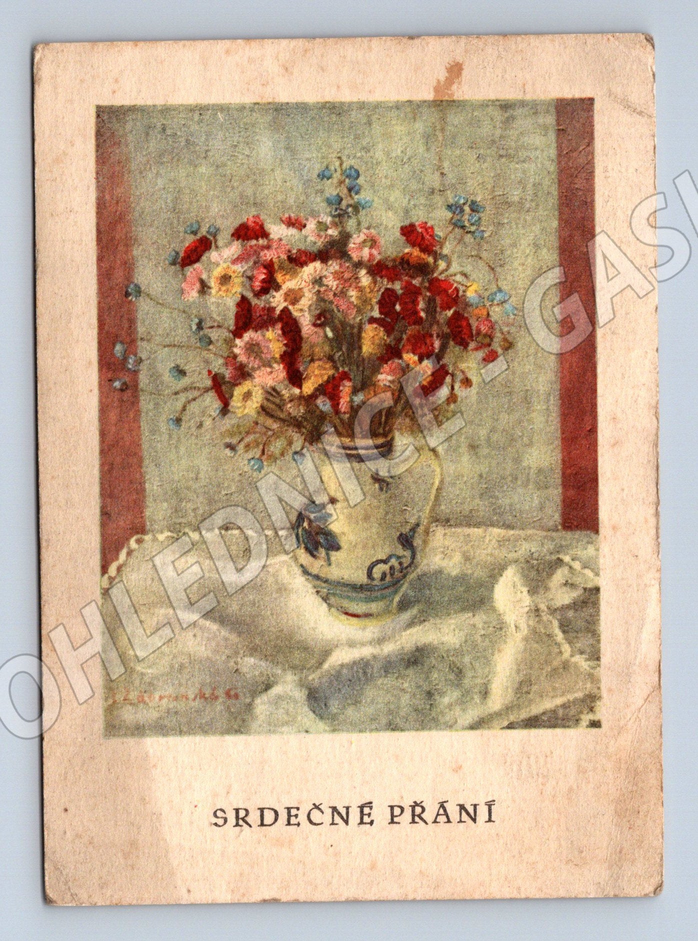 Pohlednice květiny váza SRDEČNÉ PŘÁNÍ 1945-1948 (P3999)