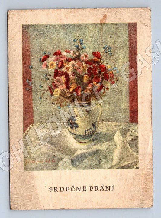 Pohlednice květiny váza SRDEČNÉ PŘÁNÍ 1945-1948 (P3999)