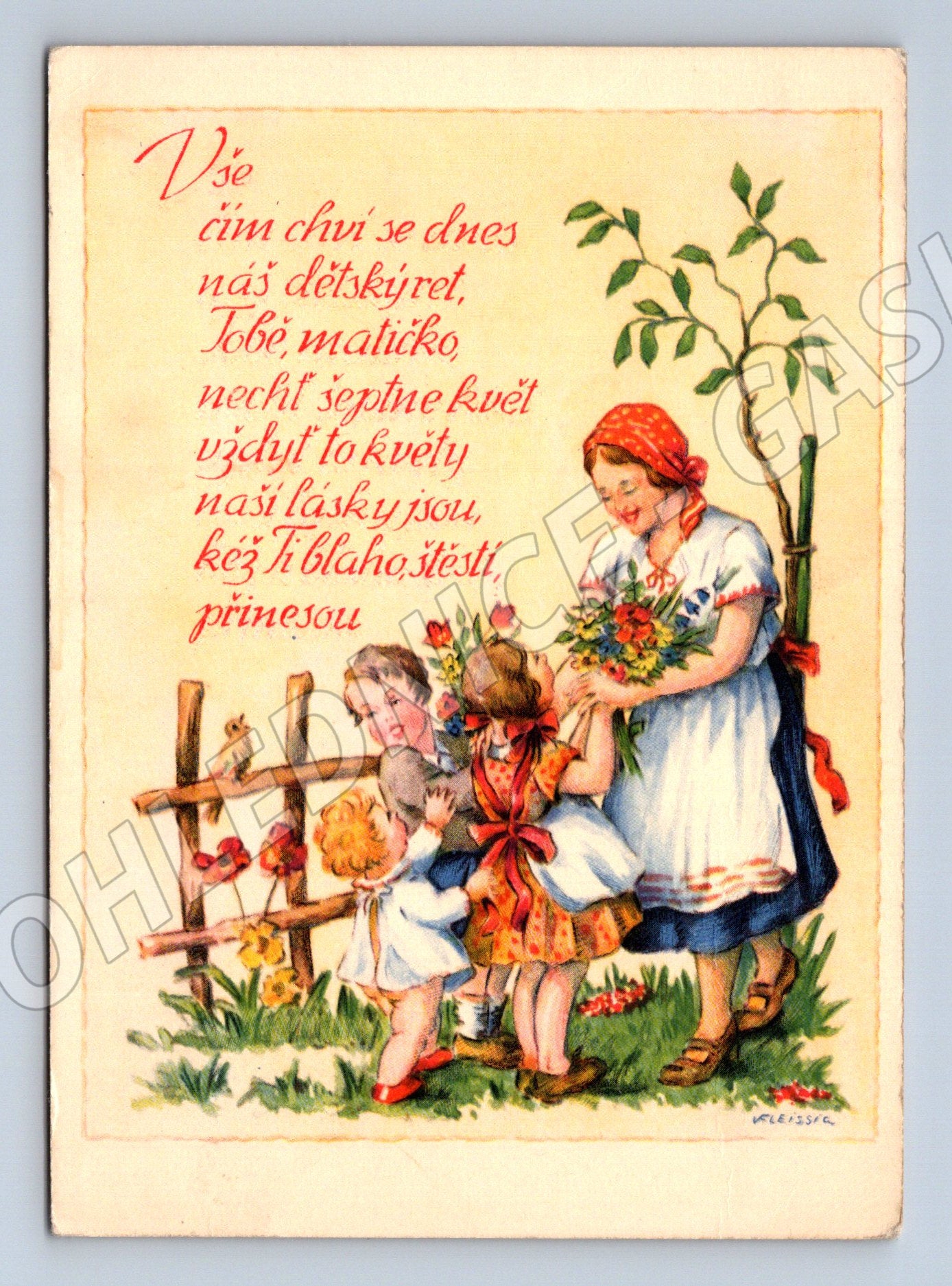 Pohlednice matka a děti s kyticí a textem Vše čin čin (P4002)