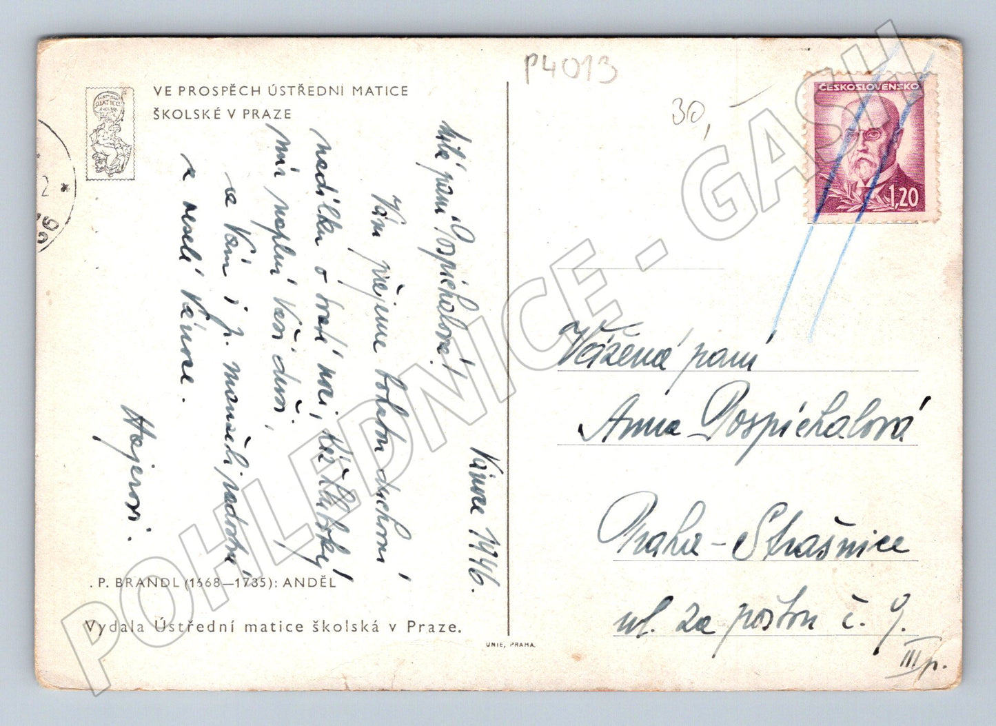 Pohlednice P. Brandl Anděl 1946 (P4013)