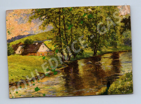 Pohlednice krajina s rekou a domky (P4017)